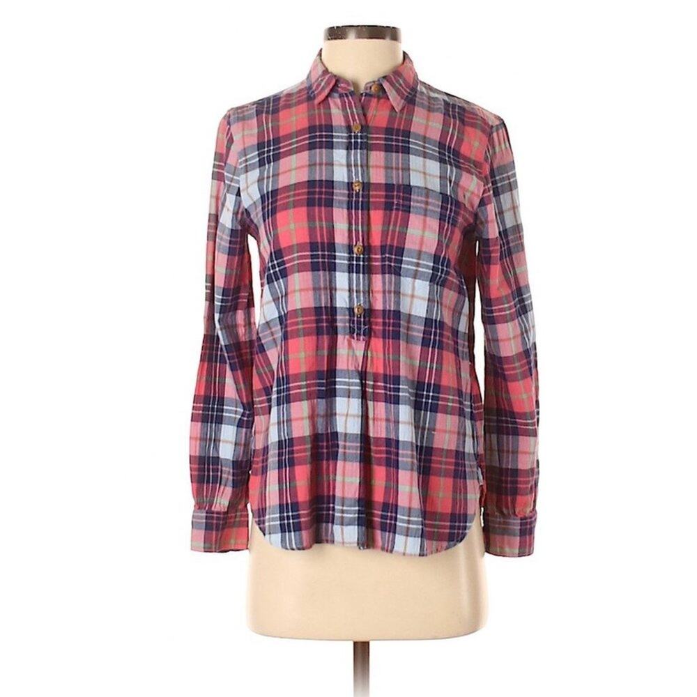 J. Crew Plaid Shirt Classic Popover Button‎ Down Casual Top Women's XS Red Blue